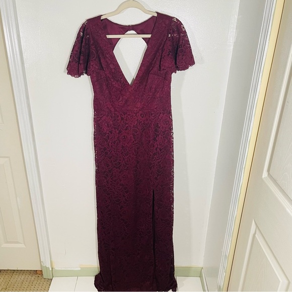 NEW BHLDN Juliet Short-Sleeve V-Neck Lace Gown Wine Red Cottagecore Romantic - Picture 2 of 12